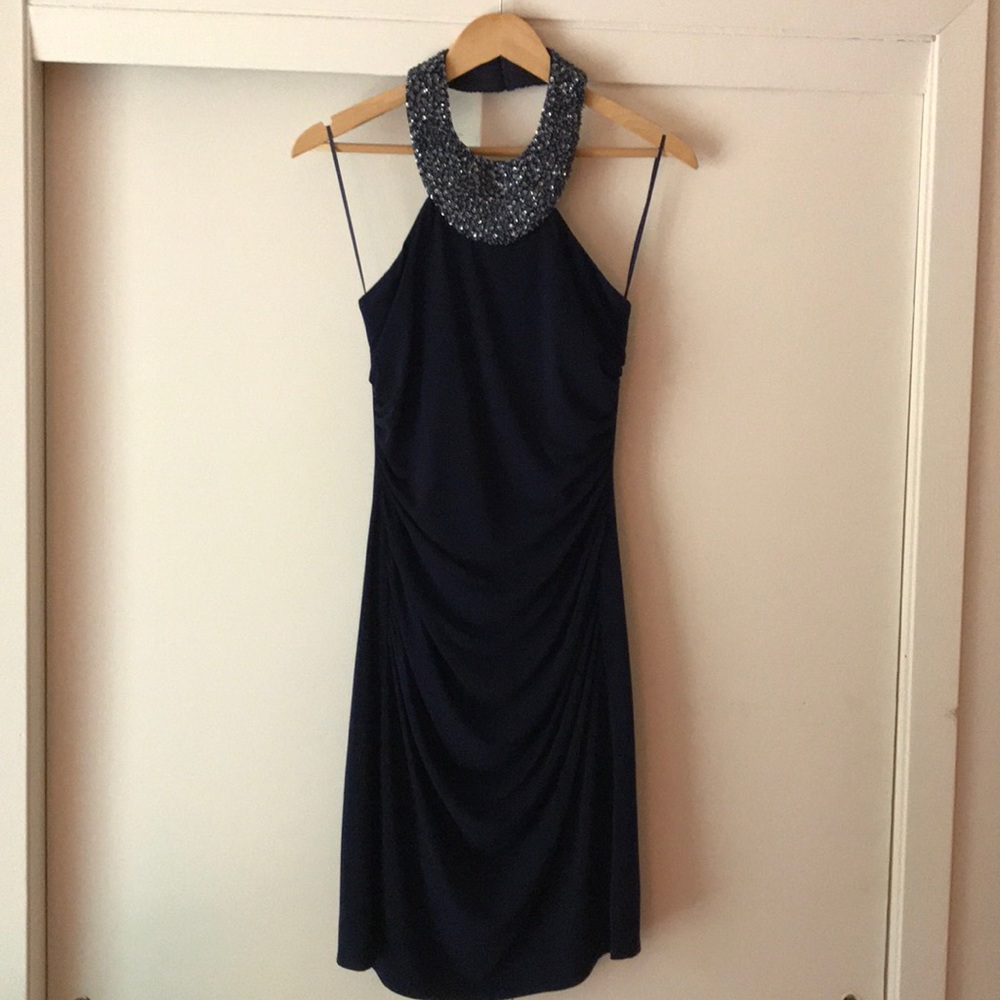 JS Boutique Navy Dress w Sequin/Beaded Collar, 6